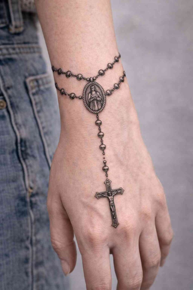 tatuaż różaniec na ręce